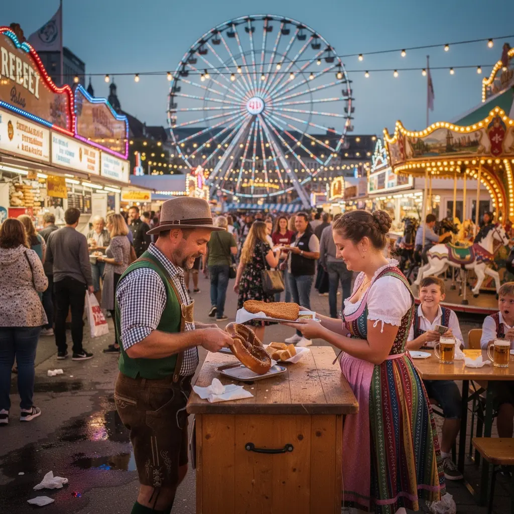 Blick auf festlich geschmückte Bierhalle während des Oktoberfests in München.