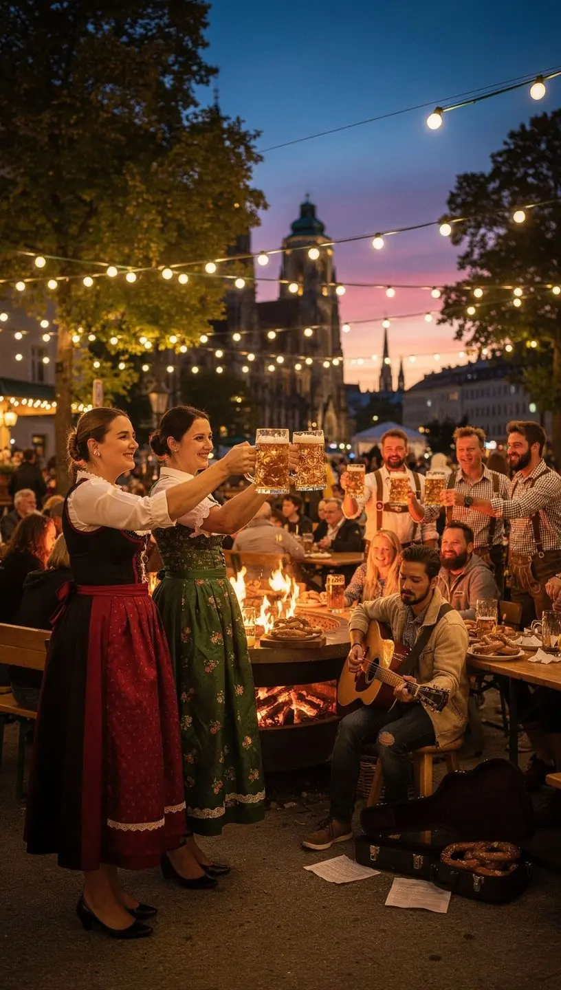 Gruppe von Menschen in traditionellen bayerischen Trachten feiert ausgelassen.