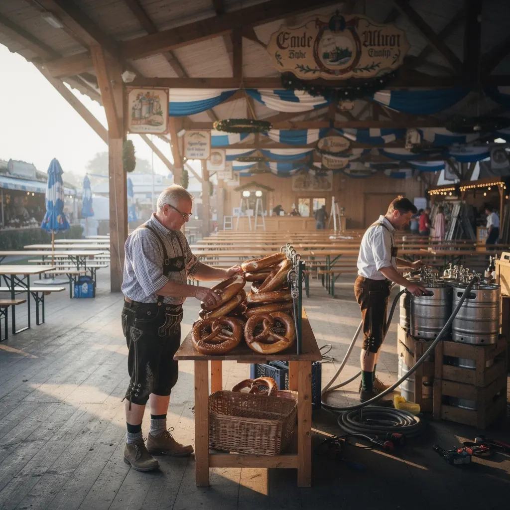 Bierkrüge mit schaumigem Bier auf einem Holzstamm-Tisch in einer Biergarten-Atmosphäre.