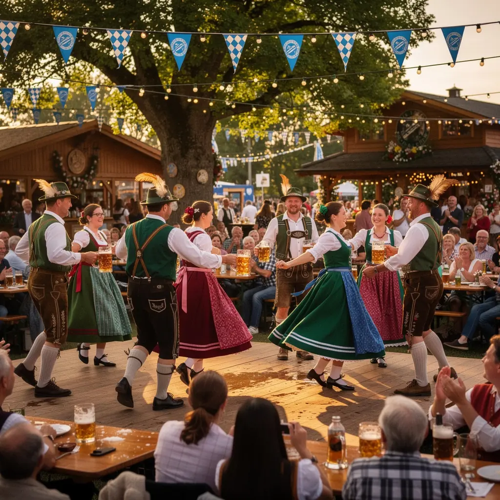 Lichterketten und bunte Fahnen schmücken die Festwiese während des Oktoberfests.