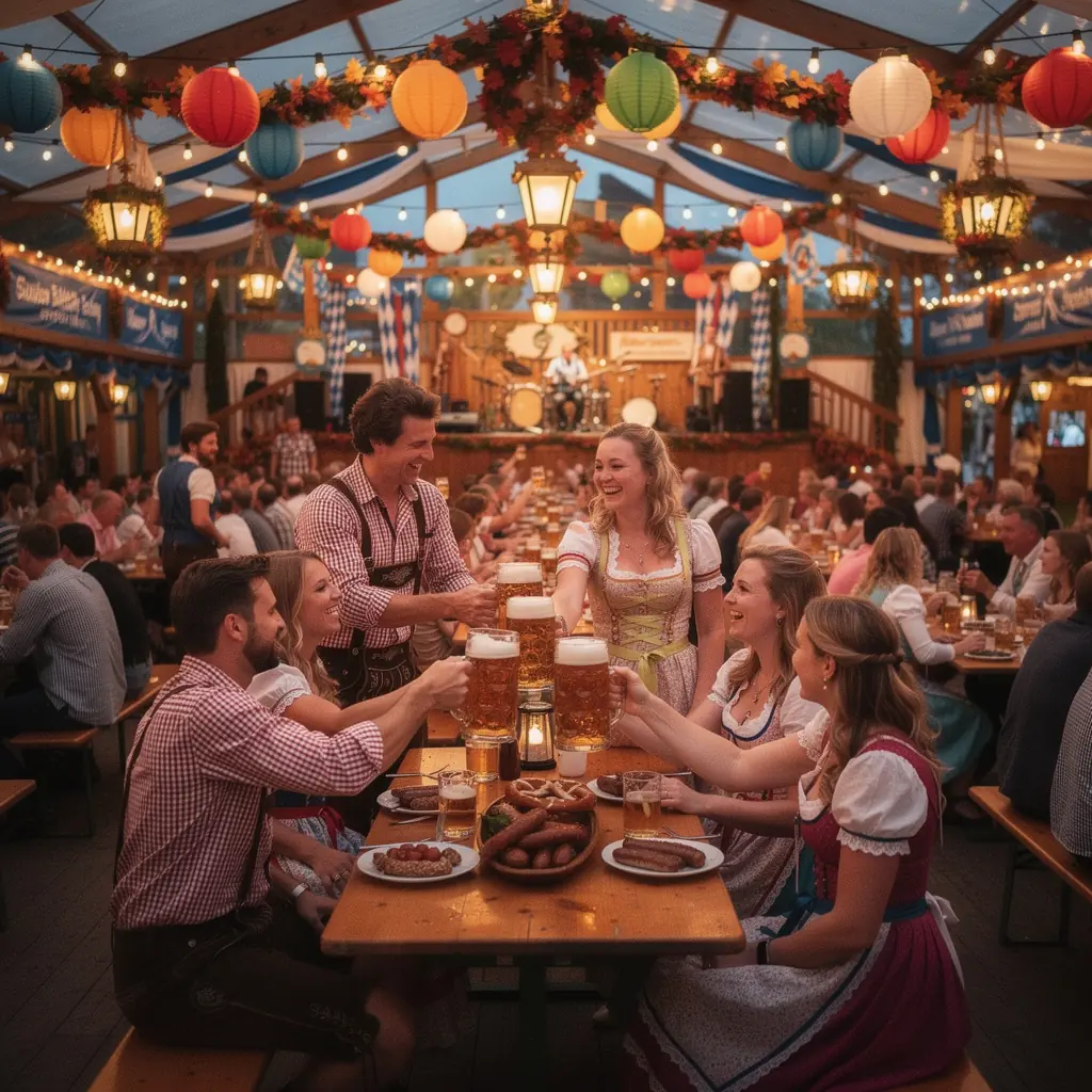 Leckere bayerische Spezialitäten wie Brezeln und Würstchen auf einem festlichen Tisch.